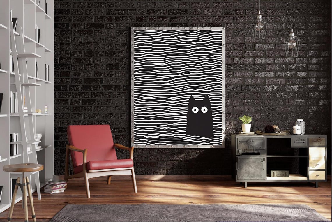 Black Cat Silhouette in Black and White Wavy Line Art Poster - Image 2