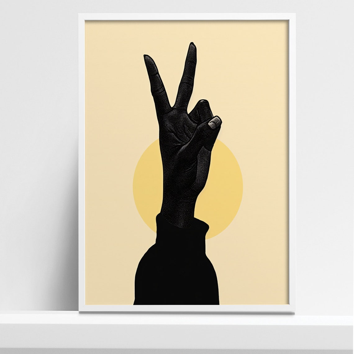 Black Hand Peace Sign on Cream With Yellow Sun Minimalist Poster