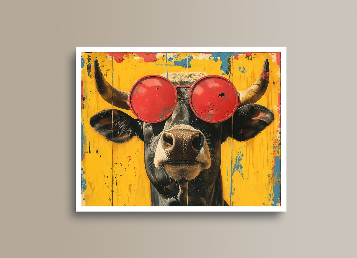 Cool Bull in Red Sunglasses on a Bright Yellow Pop Art Poster - Image 3