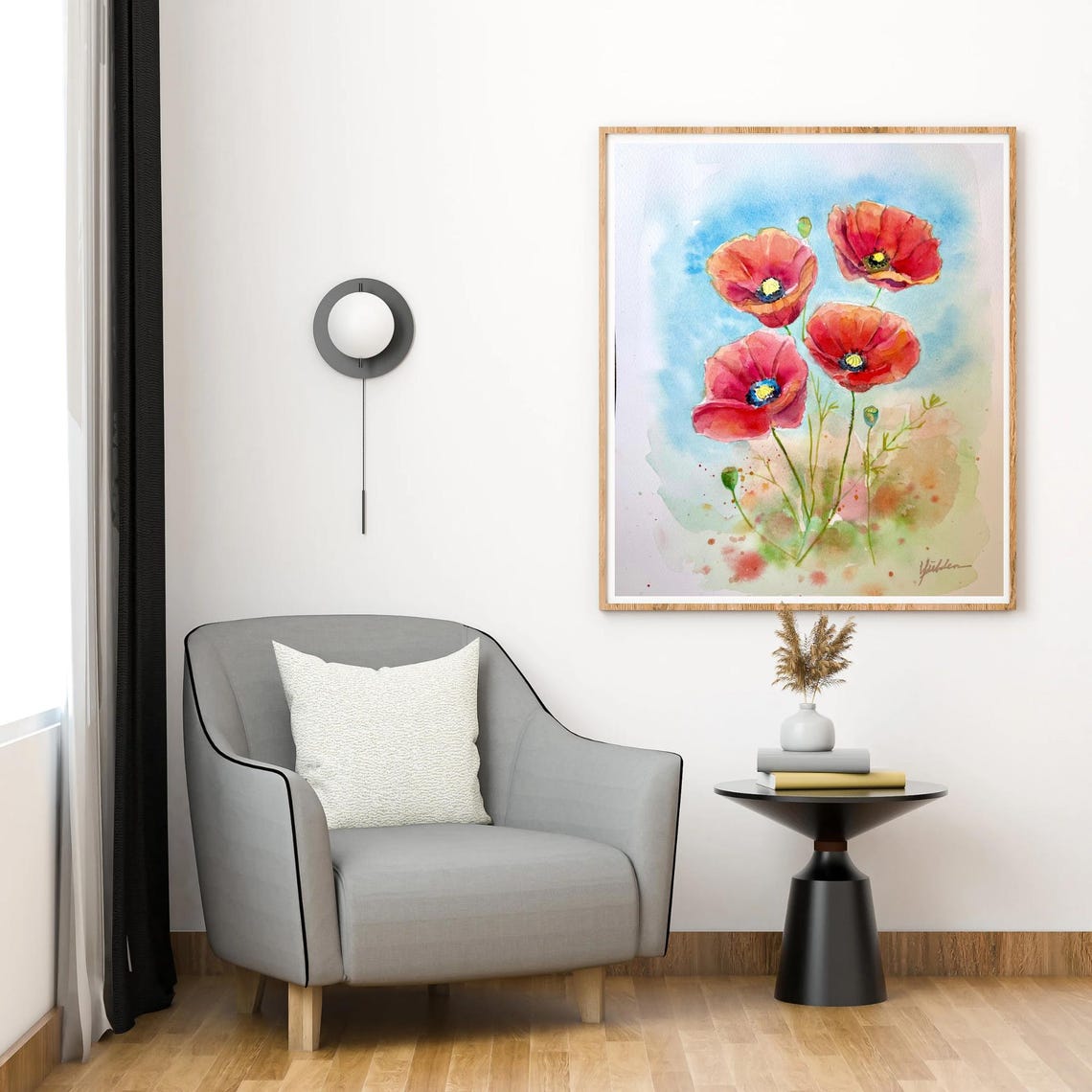 Four Red Poppies Dancing in a Summer Breeze Watercolor Poster - Image 5