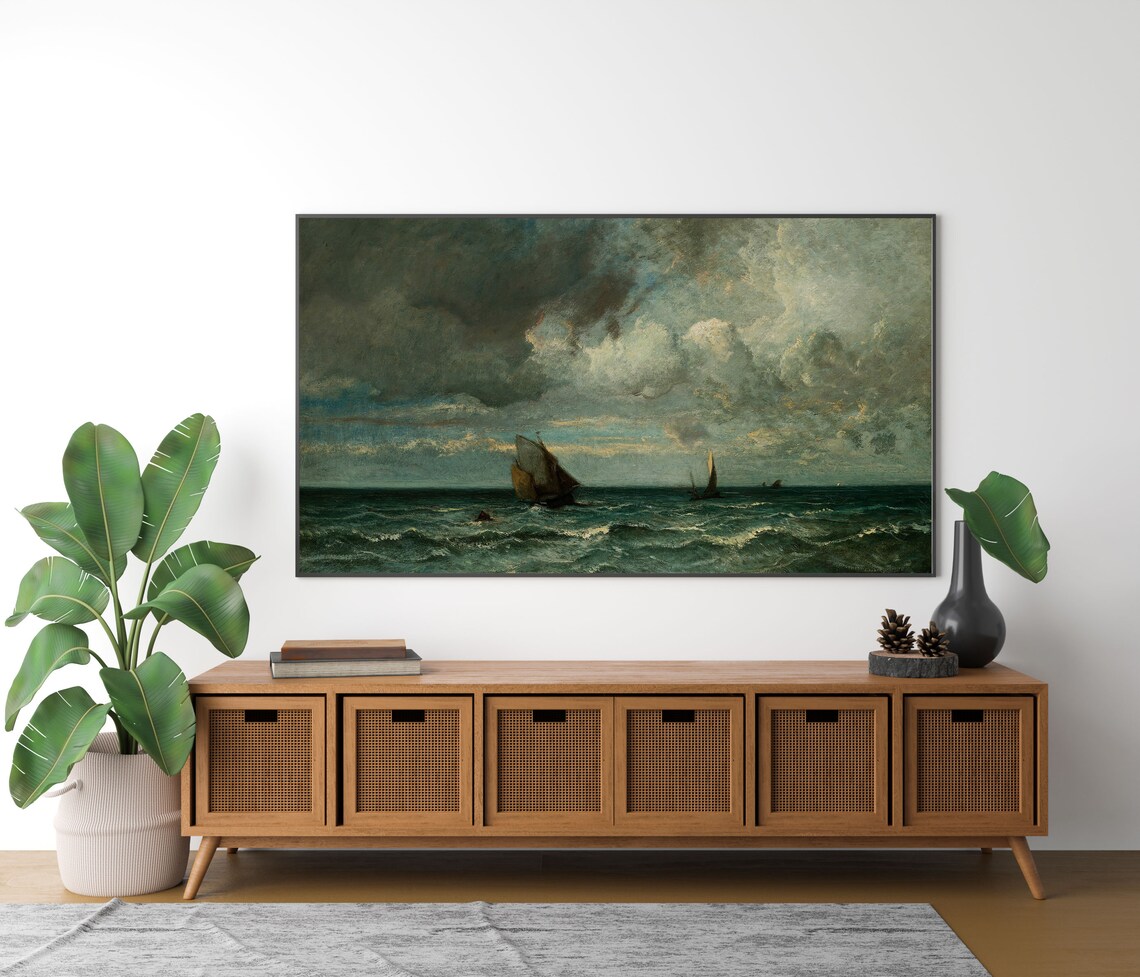 Stormy Sea Sailboats Dramatic Clouds Vintage Moody Seascape Painting Poster - Image 3