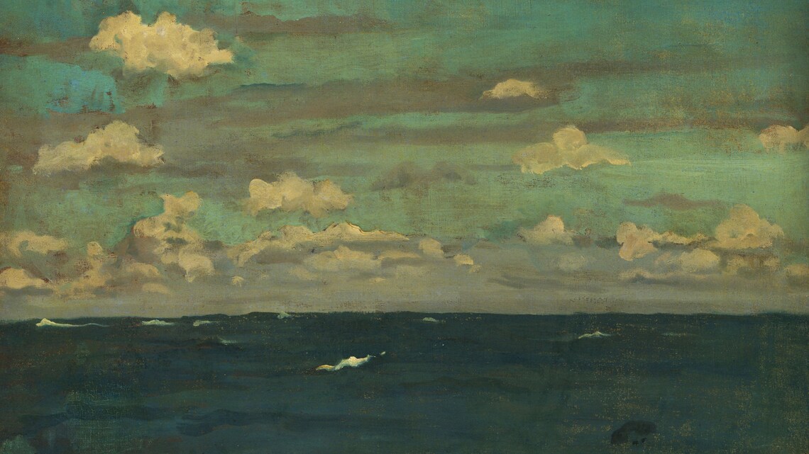 Dark Ocean Waves Dramatic Clouds Moody Teal Seascape Oil Painting Poster - Image 2