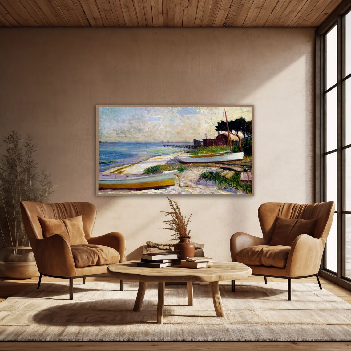Impressionist Shoreline Painting with Rowboats Boathouse and Sailboat Poster - Image 2