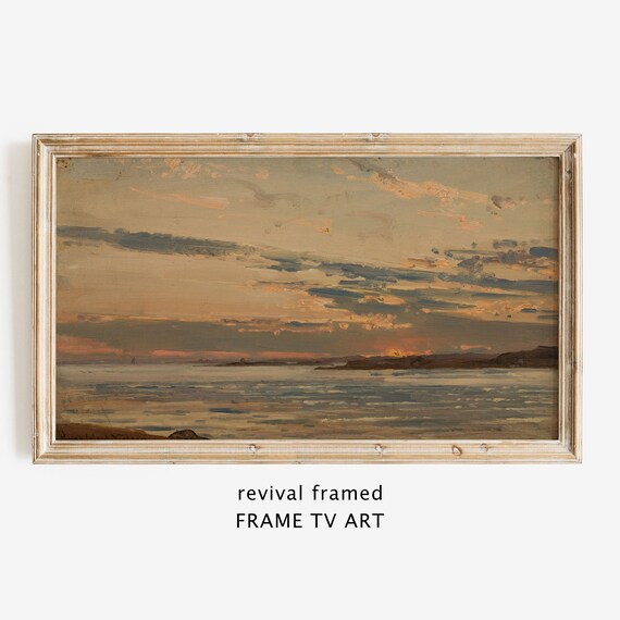 Moody Sunset Seascape Oil Painting with Layered Clouds Over Calm Sea Poster