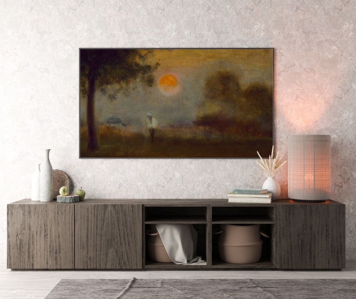 Misty Moonrise Field Lone Figure Moody Tonalist Night Landscape Poster - Image 3