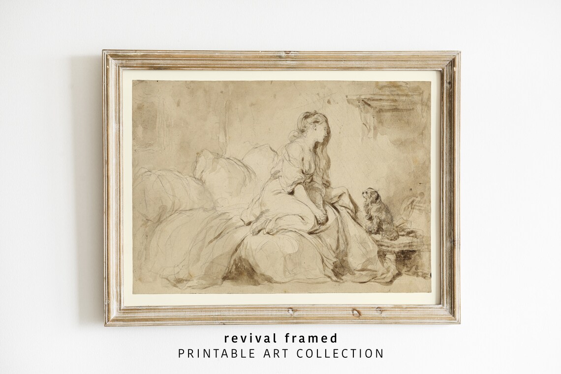 Antique Woman Portrait Sepia Sketch with Small Dog Neutral Vintage Poster - Image 3