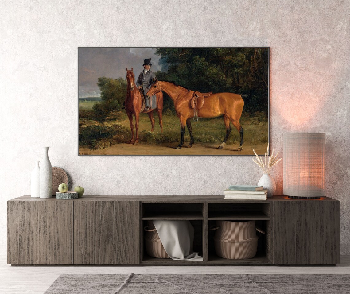 Rider with Two Chestnut Horses Vintage Equestrian Oil Painting Poster - Image 2