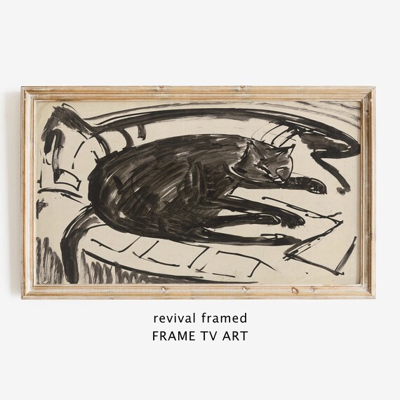 Black Ink Sketch of Sleeping Cat Modern Brush Stroke Feline Poster