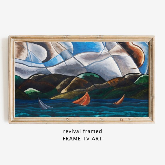 Modernist Sailboat Seascape Bold Sails Cubist Style Vintage Art Poster