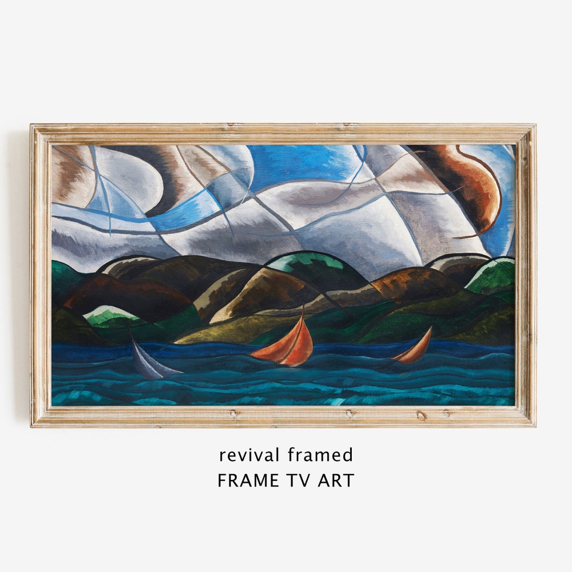 Modernist Sailboat Seascape Bold Sails Cubist Style Vintage Art Poster