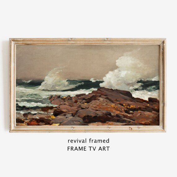 Crashing Waves Rocky Shore Dramatic Ocean Spray Vintage Coastal Painting Poster