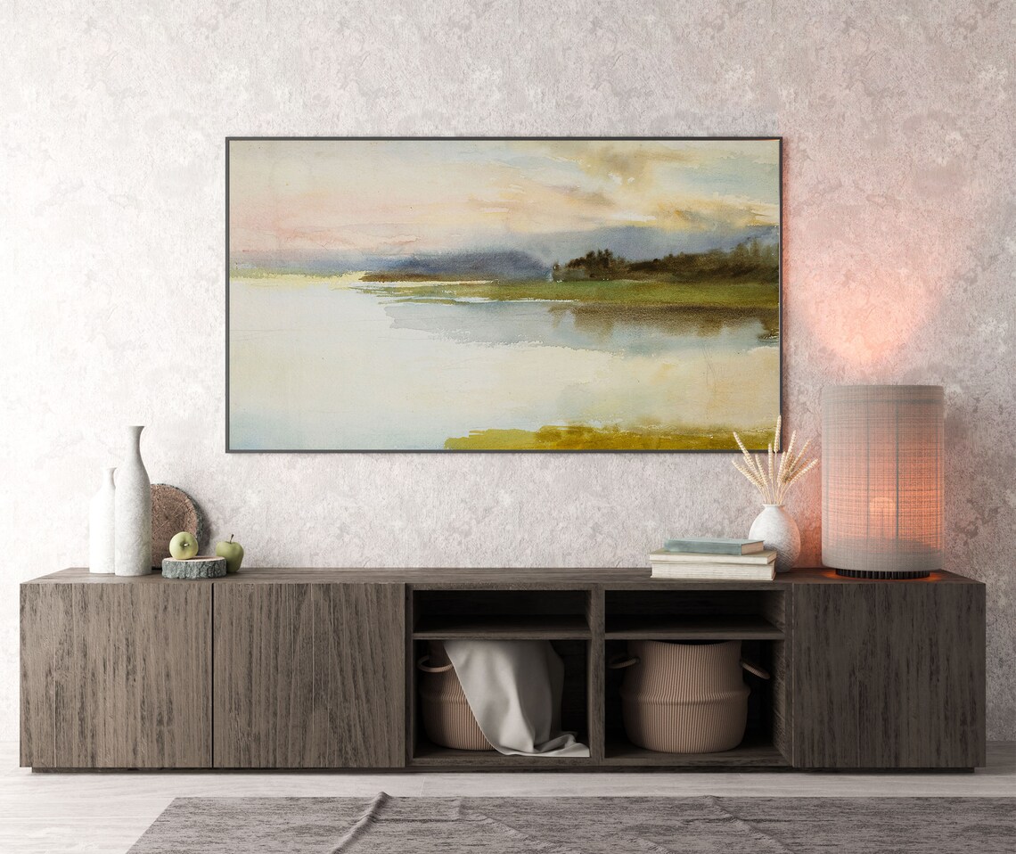 Soft Dusk Watercolor Lake Painting Impressionist Pink Evening Sky Landscape Poster - Image 3