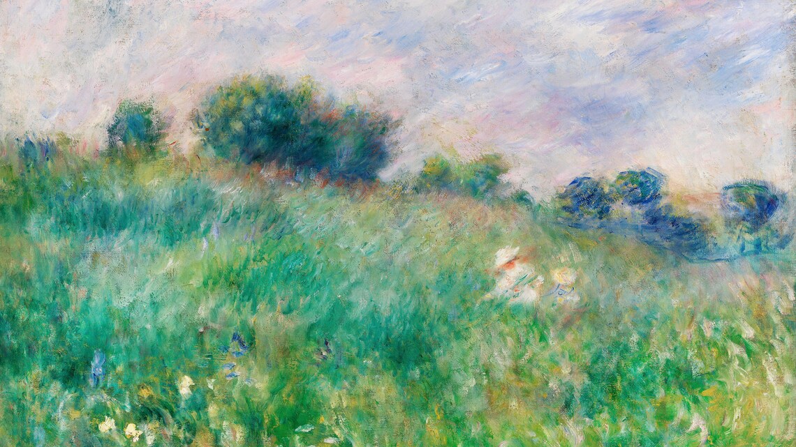 Green Impressionist Spring Meadow Wildflower Field Vintage Style Wall Art - Image 3