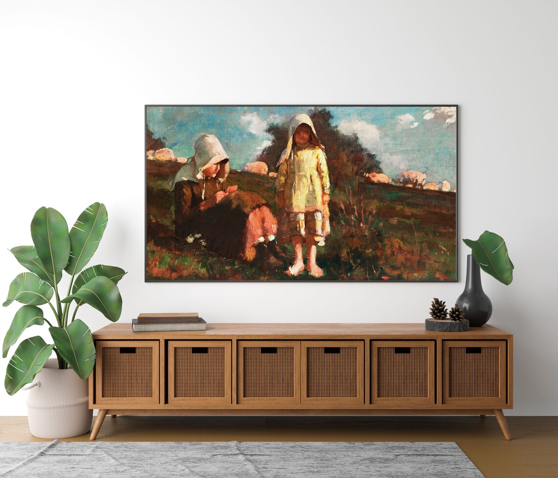 Two Little Girls in Field Vintage Countryside Childhood Oil Painting Poster - Image 2