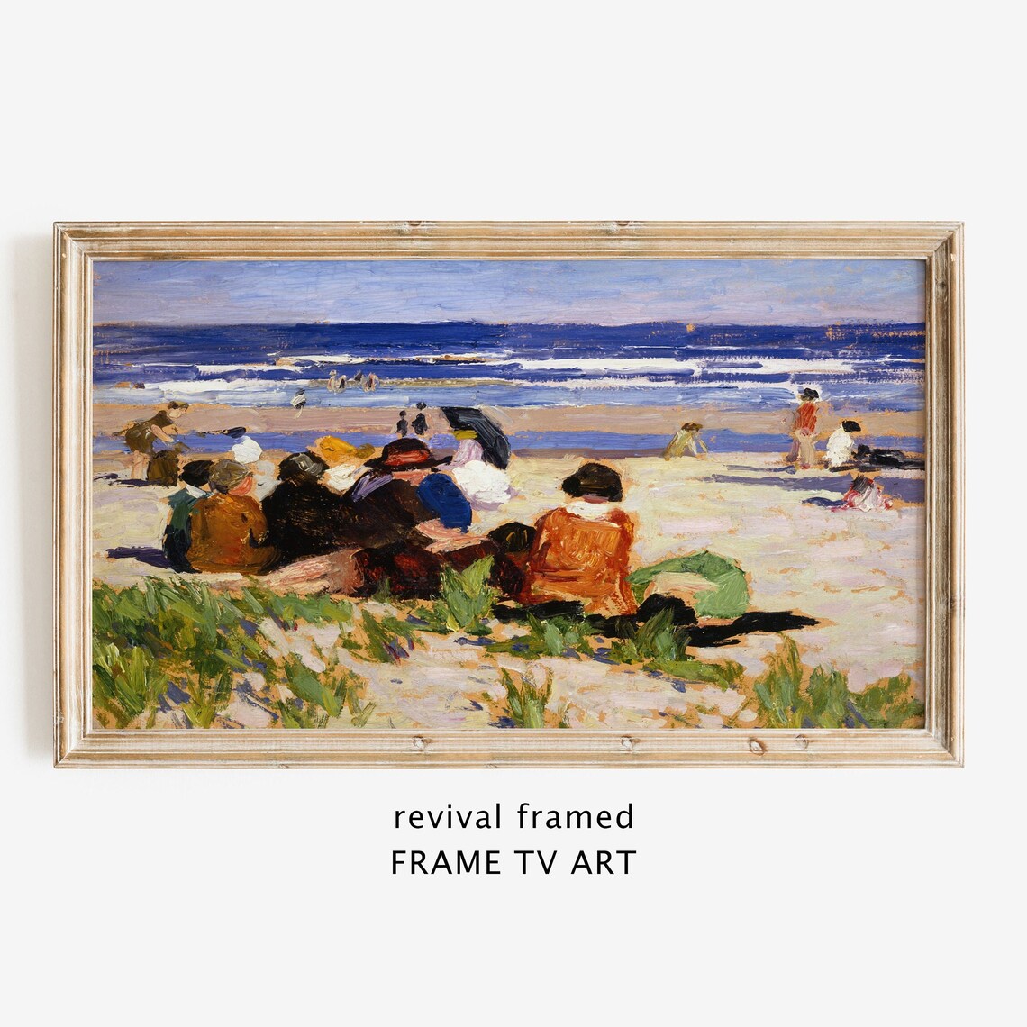 Vintage Beach Scene Painting with Bathers and Deep Blue Ocean Waves Poster
