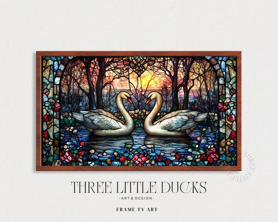 Victorian Stained Glass Frame Tv Art Swans At Sunset Decor Colorful Nature Scene For Wildlife 176