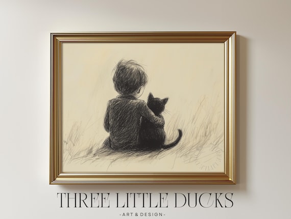 Vintage Boy Hugging Black Cat Minimalist Sketch Wall Art Rustic Animal Companion Nursery Decor Lovers 599