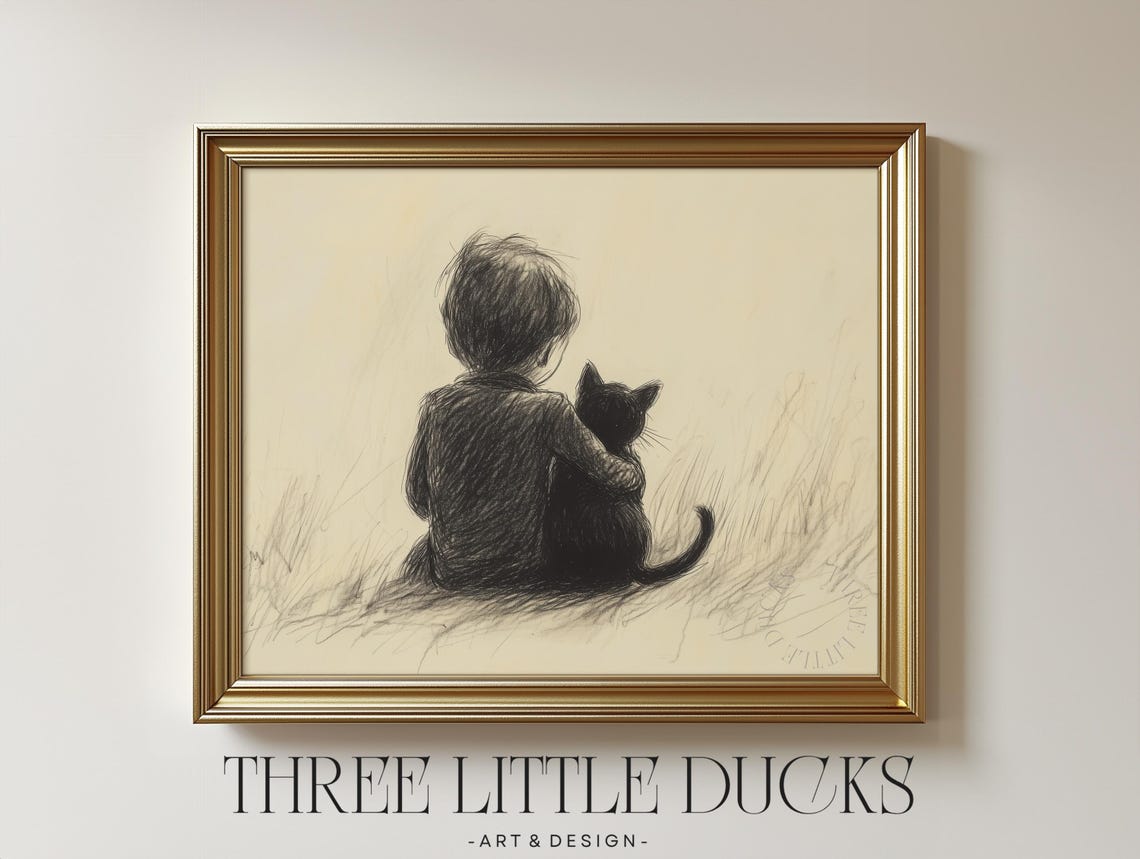 Little Boy Hugging His Black Cat Vintage Sketch Nursery Wall Poster