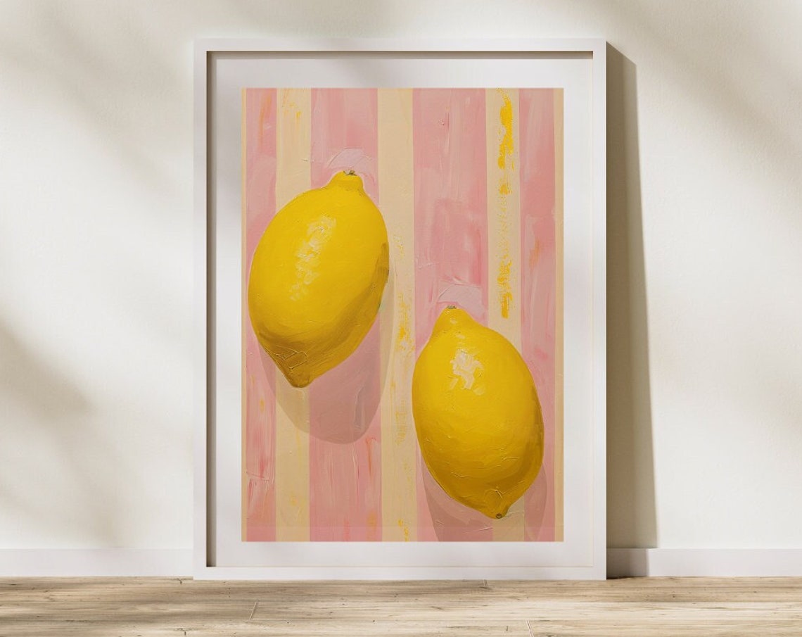 Lemons Art Print Lemons On Pink Stripes Modern Wall Art Kitchen Wall Decor Cute Lemon Print Summer Wallart Amalfi