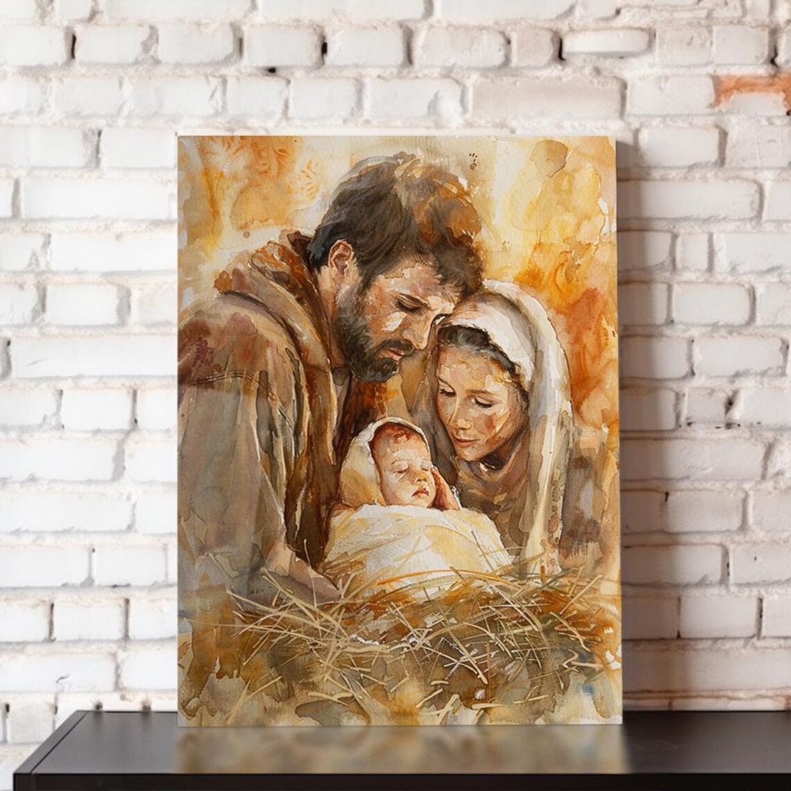 Holy Family With Baby Jesus In Manger Warm Watercolor Nativity Poster