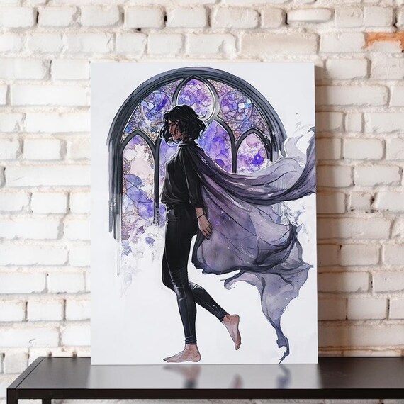 Girl Before Purple Stained Glass Window Flowing Cape Watercolor Poster