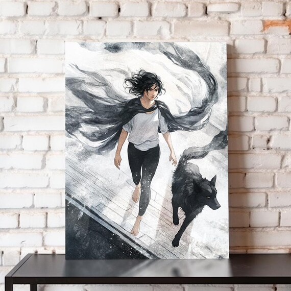 Girl Walking With Black Wolf Swirling Ink Mist Watercolor Fantasy Poster