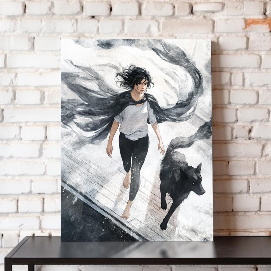 Girl Walking With Black Wolf Swirling Ink Mist Watercolor Fantasy Poster