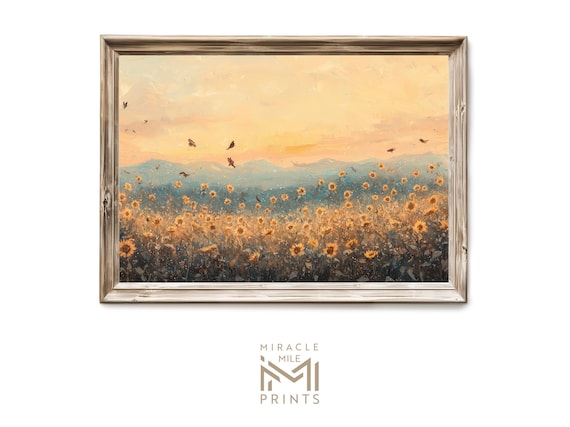 Sunflower Field Golden Hour Oil Painting Poster with Birds Mountains