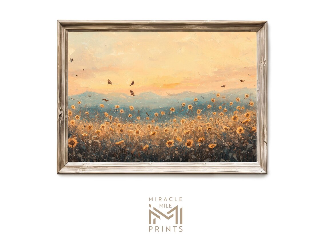 Sunflower Field Golden Hour Oil Painting Poster with Birds Mountains