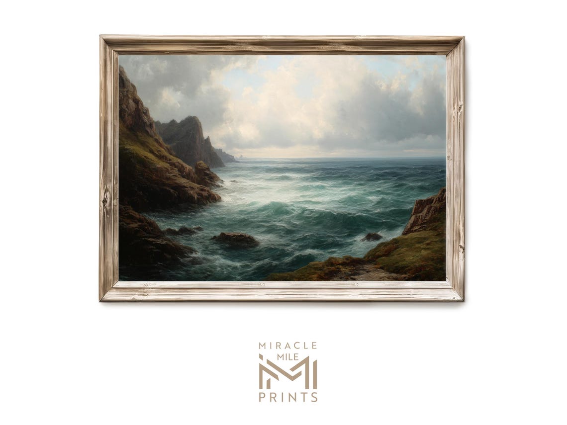 Turbulent Ocean Waves Rocky Cliffs Vintage Maritime Oil Art Poster
