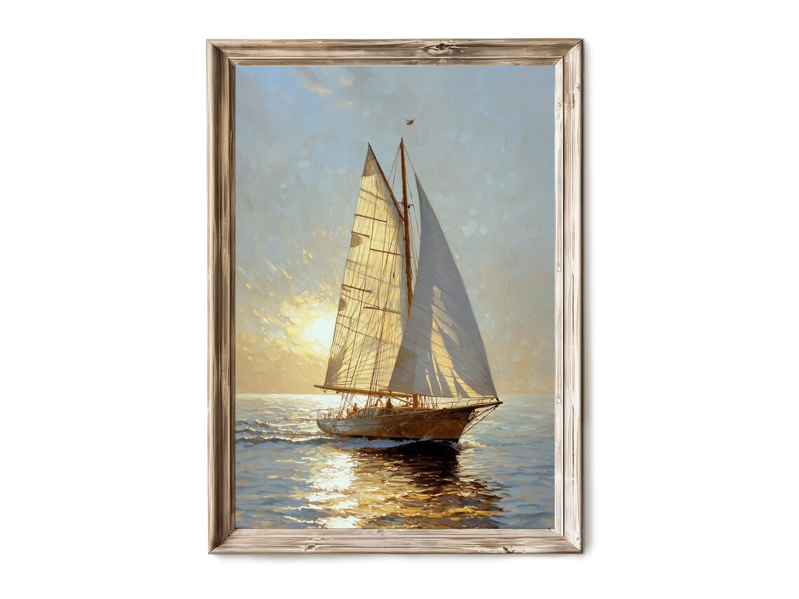 Classic Sailboat Full Sails Sunset Ocean Oil Painting Poster