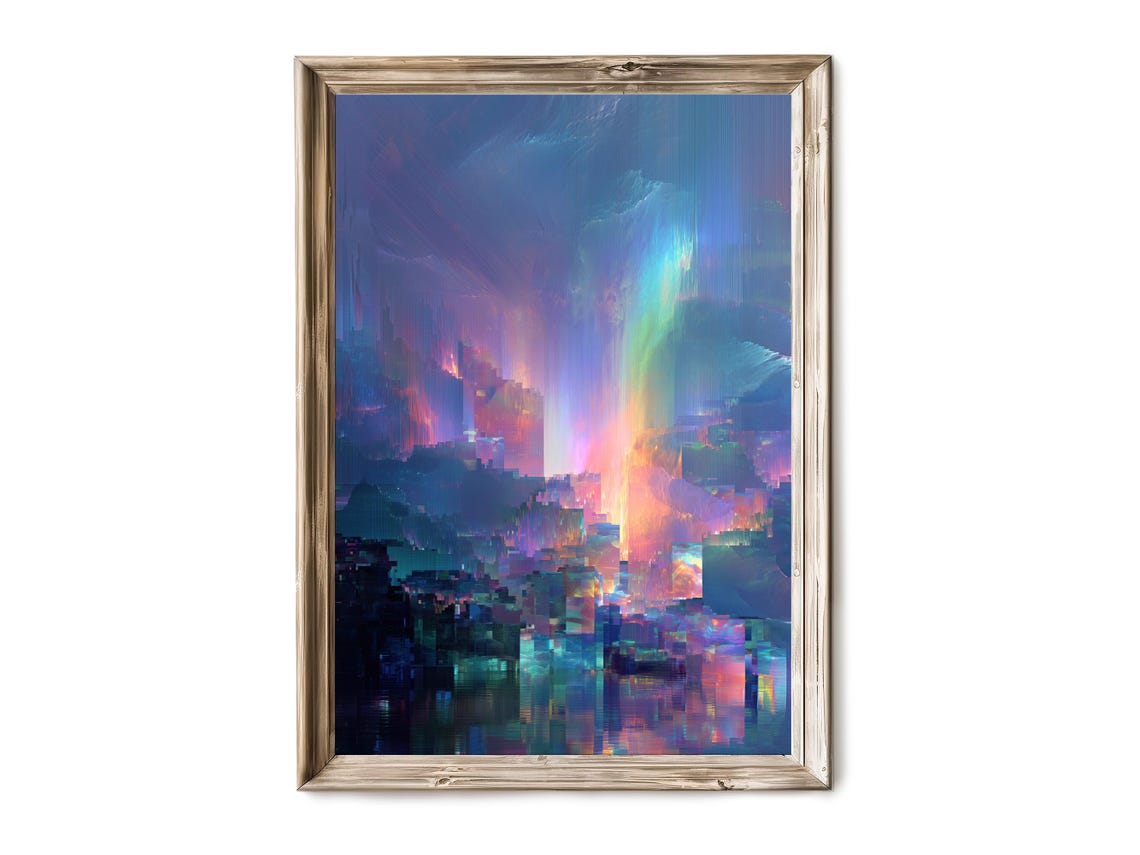 Glitch Abstract Aurora Light Streaks Purple Teal Digital Wall Art