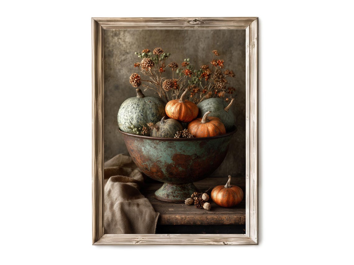 Autumn Pumpkin Copper Bowl Still Life Poster Rustic Harvest Fall Decor