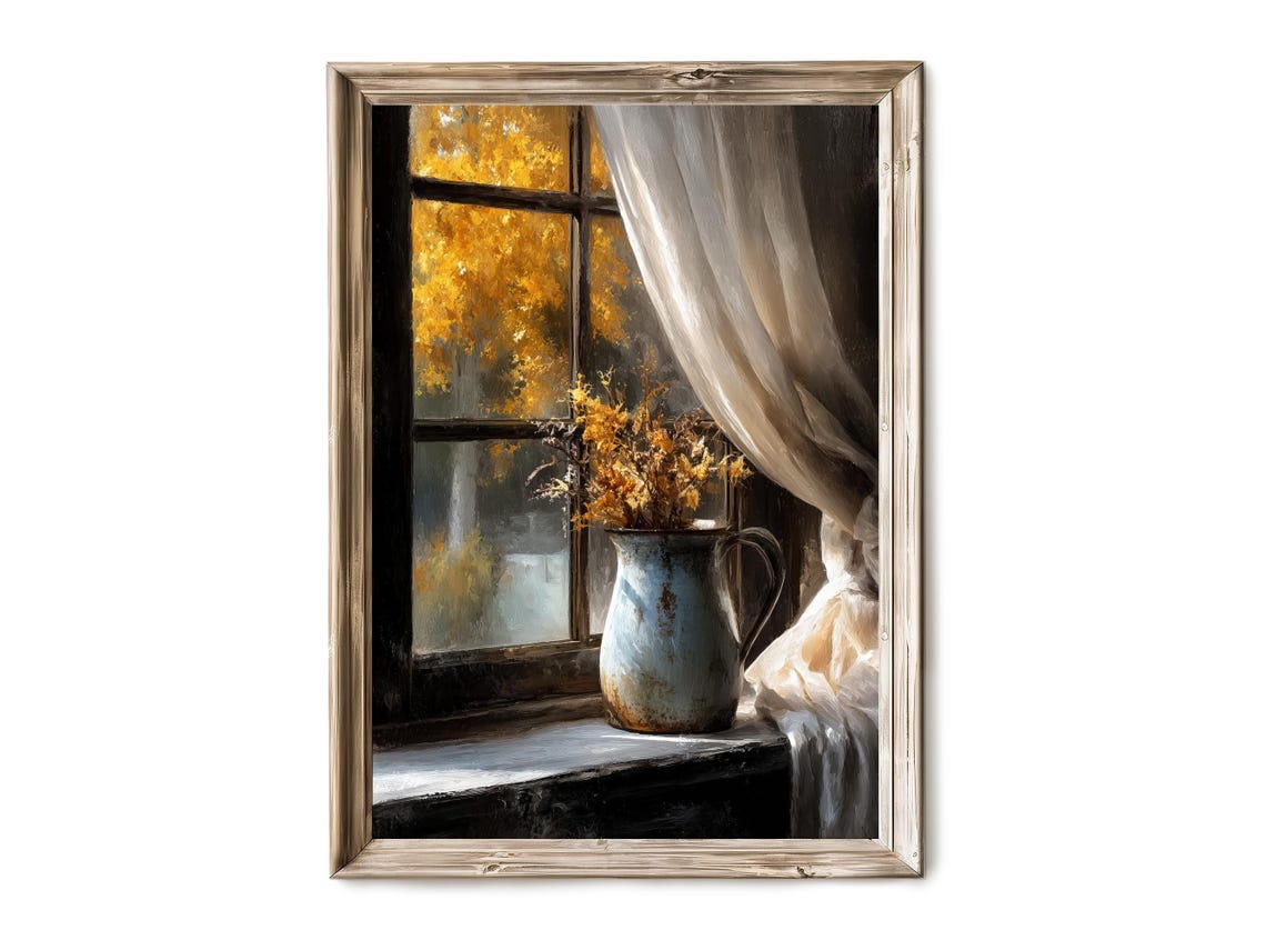 Rustic Cottage Window Poster Autumn Foliage Blue Pitcher Curtain Still Life