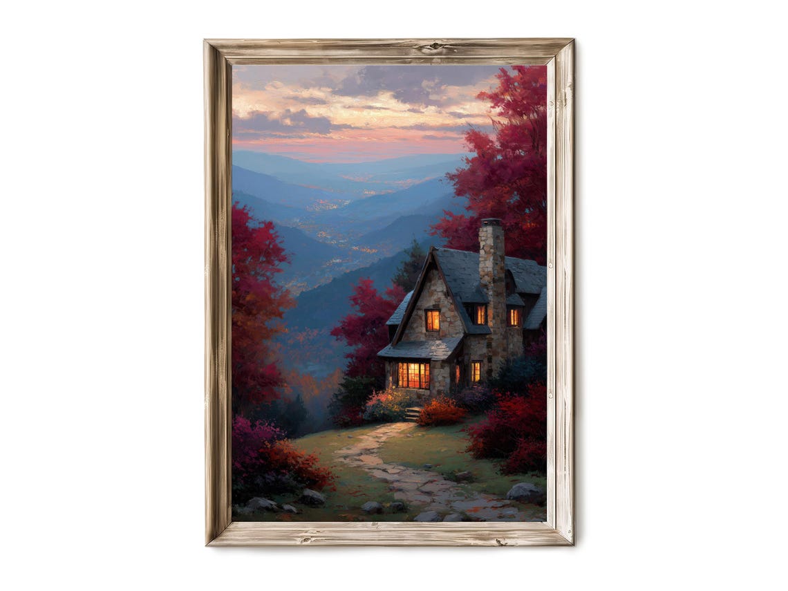 Mountain Cottage At Dusk Glowing Windows Autumn Valley Landscape Poster