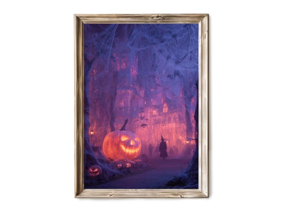 Halloween Wall Art Jackolantern In Purple Mist Forest Spooky Haunted Trail Gothic Fall Decor Vintage 310