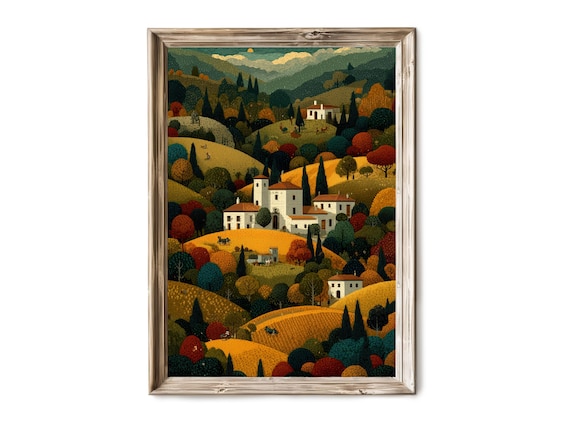 Autumn Tuscan Village Hillside Villas Folk Art Landscape Poster