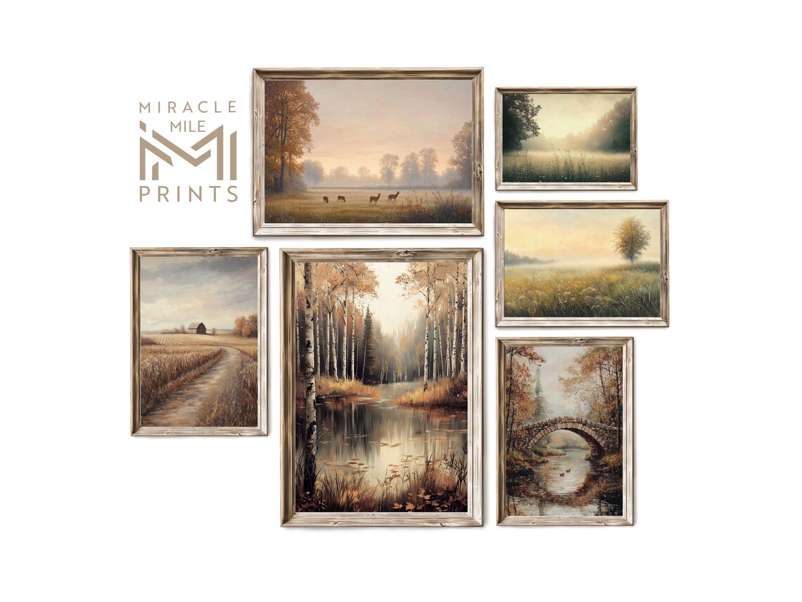 Set Of 6 Vintage Rustic Oil Landscape Paintings Gallery Poster