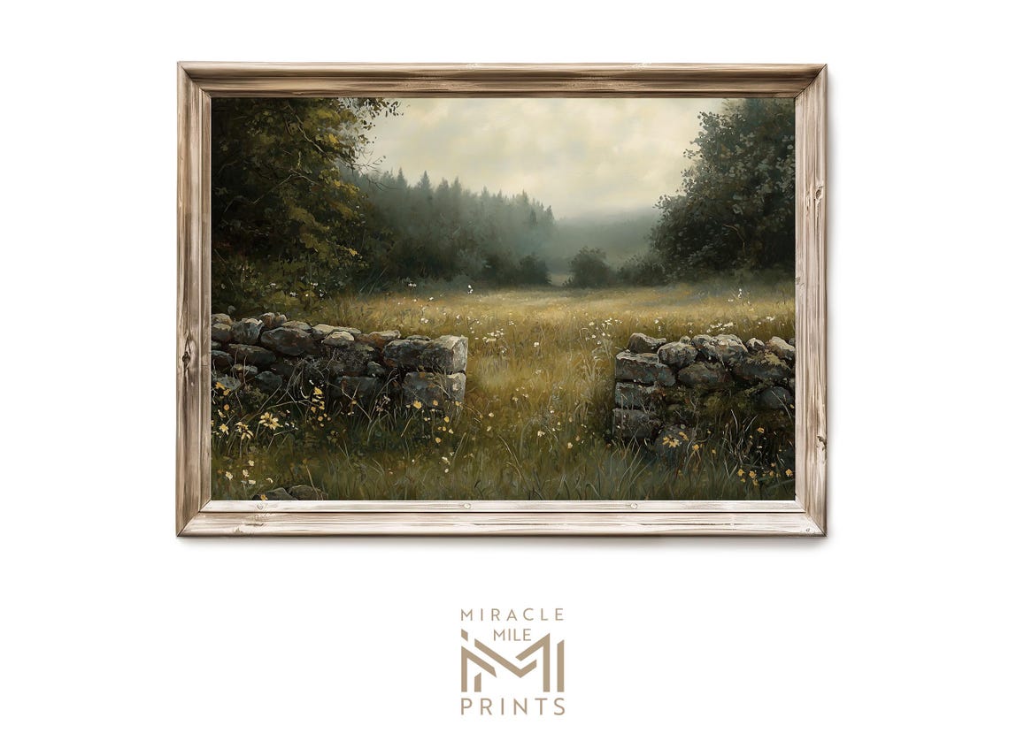 Rustic Country Stone Wall Meadow Wildflowers Misty Antique Art Poster