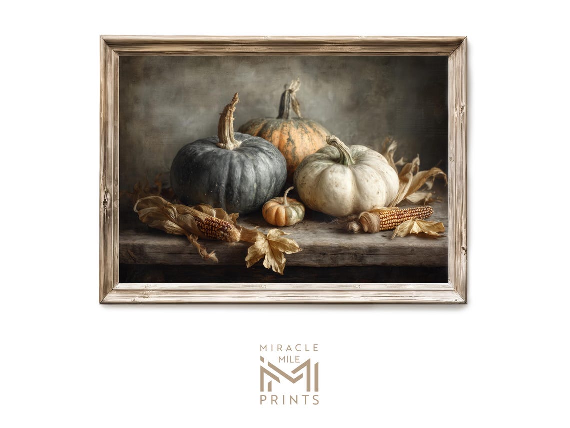 Fall Pumpkin Still Life Wall Art Rustic Autumn Heirloom Harvest Moody Decor Vintage Artful Print H 485