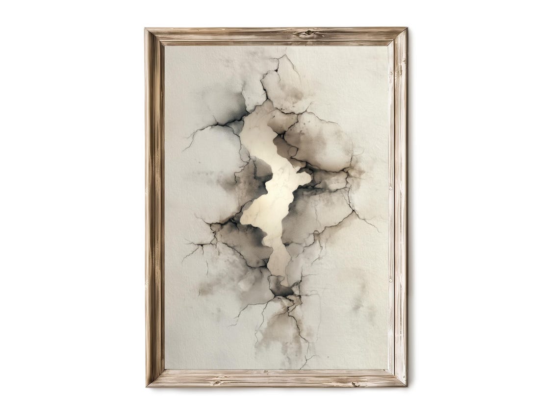 Abstract Watercolor Ink Clouds Cracked Stone Texture Cream Art Poster