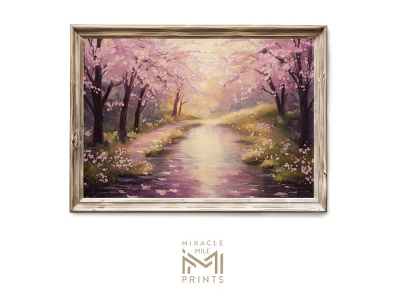Cherry Blossom Creek Wall Art Rustic Oil Painting Serene Spring Landscape Decor For Farmhouse Home Gift
