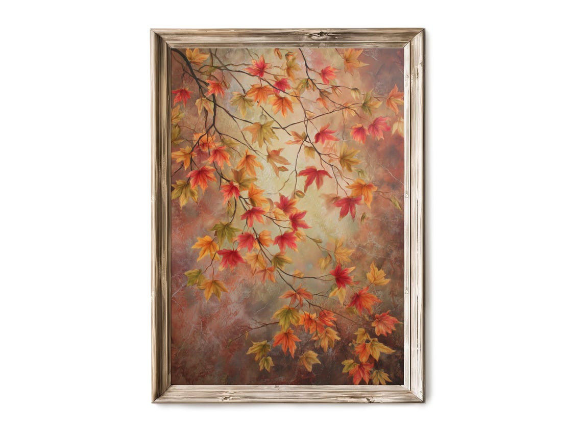Fall Leaves Wall Art Rustic Autumn Foliage Moody Botanical Decor Vintage Artful Painting Print V 417