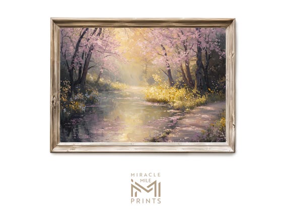 Cherry Blossom Creek Wall Art Vintage Oil Painting Serene Spring Trail Gift For Home Farmhouse Cottage