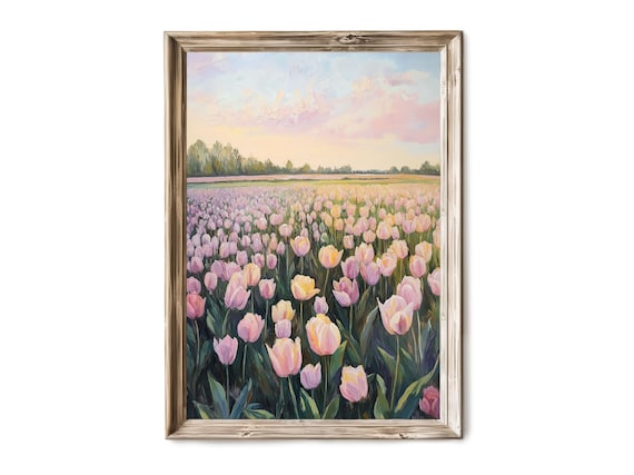 Pink Tulip Field Vintage Oil Painting Art Print