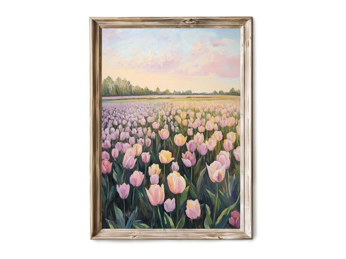 Pink Tulip Field Vintage Oil Painting Art Print