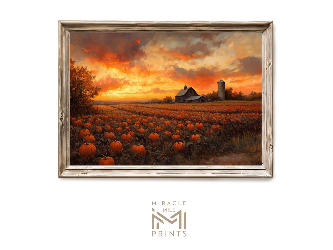 Pumpkin Field Sunset Farm Barn Rustic Oil Painting Autumn Poster