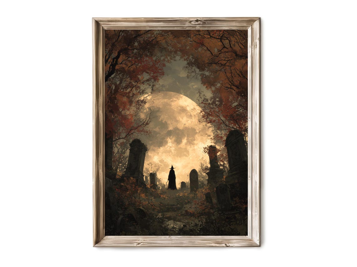 Halloween Wall Art Witch Walking Through Moonlit Graveyard Vintage Haunted Forest Decor Dark Academia Gothic Print 312