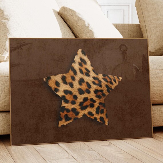 Retro Hand Drawn Star Wall Art Vintage Leopard Print Trendy Decor