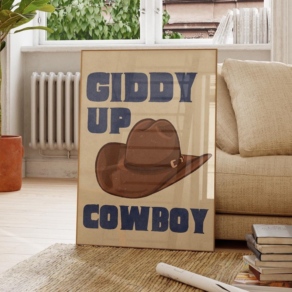 Giddy Up Cowboy Blue Text Brown Cowboy Hat Retro Wall Poster